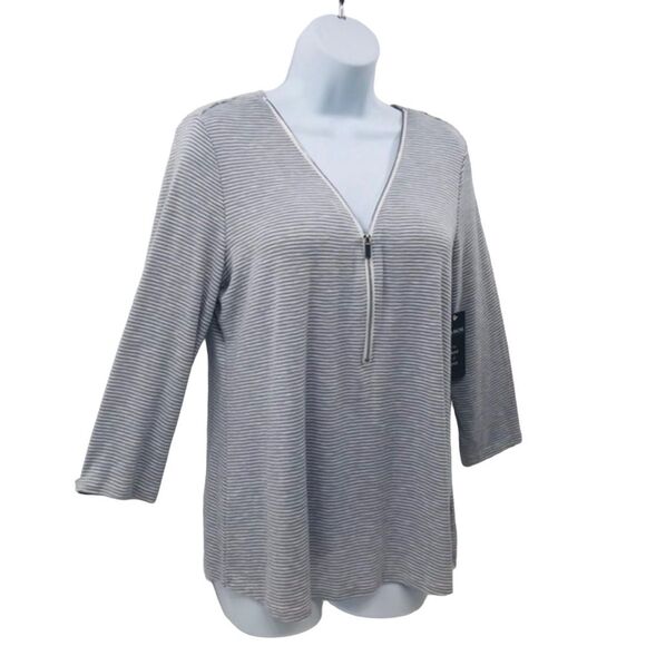 Zac & Rachel Gray and White Striped Zipper Front Top - Picture 2 of 11